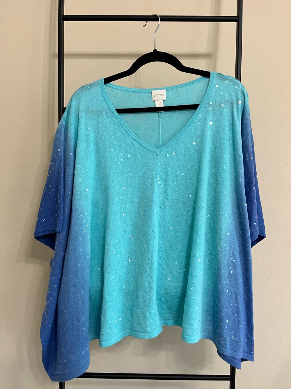 Chicos Womens One Size Blue Ombre Sequined Boxy Knit Poncho Sweater l m xl